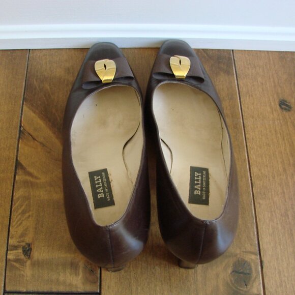 BALLY Brown Leather Pumps Shoes Mid Heel Gold Bow Detail Mosana Office Size 10 M - Picture 6 of 13